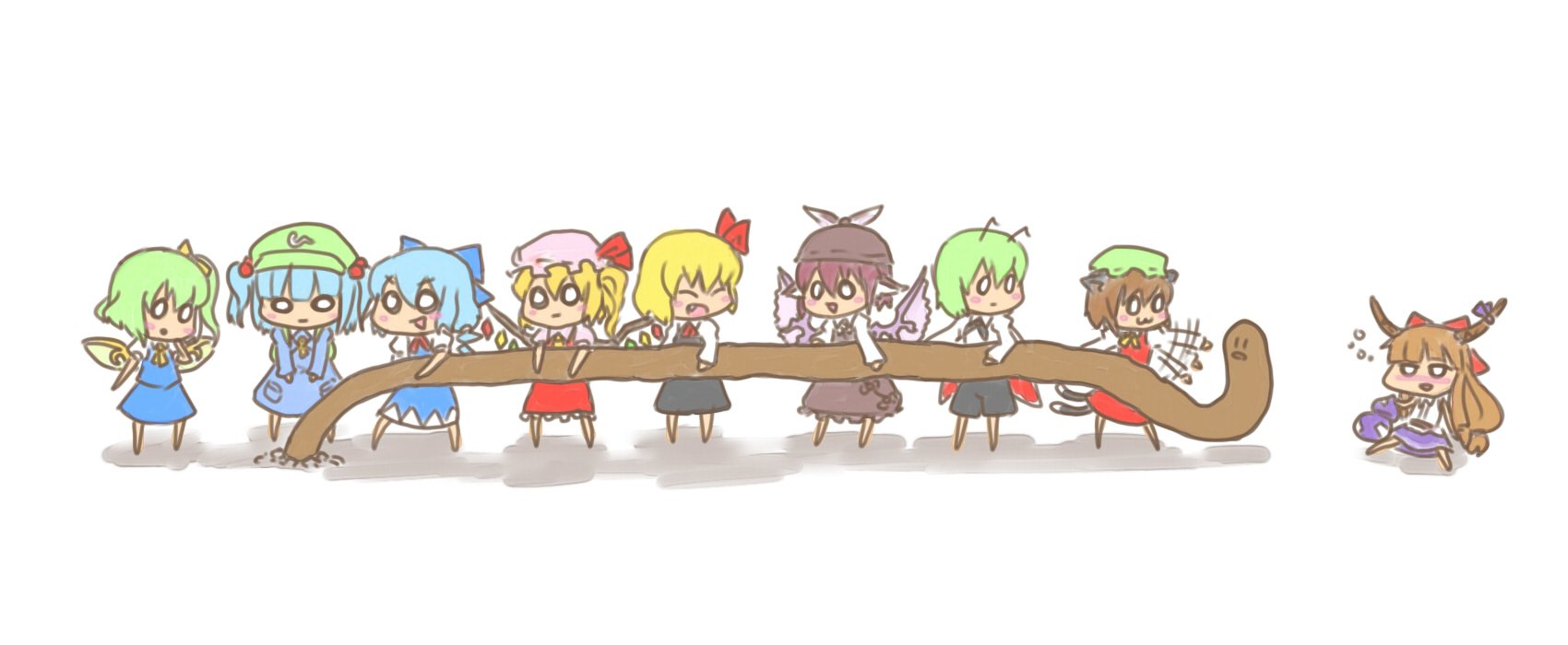 Download Suika Ibuki Chen (Touhou) Wriggle Nightbug Mystia Lorelei Rumia (Touhou) Flandre Scarlet Cirno (Touhou) Nitori Kawashiro Daiyousei (Touhou) Diglett (Pokémon) Touhou Pokemon Anime Crossover Art