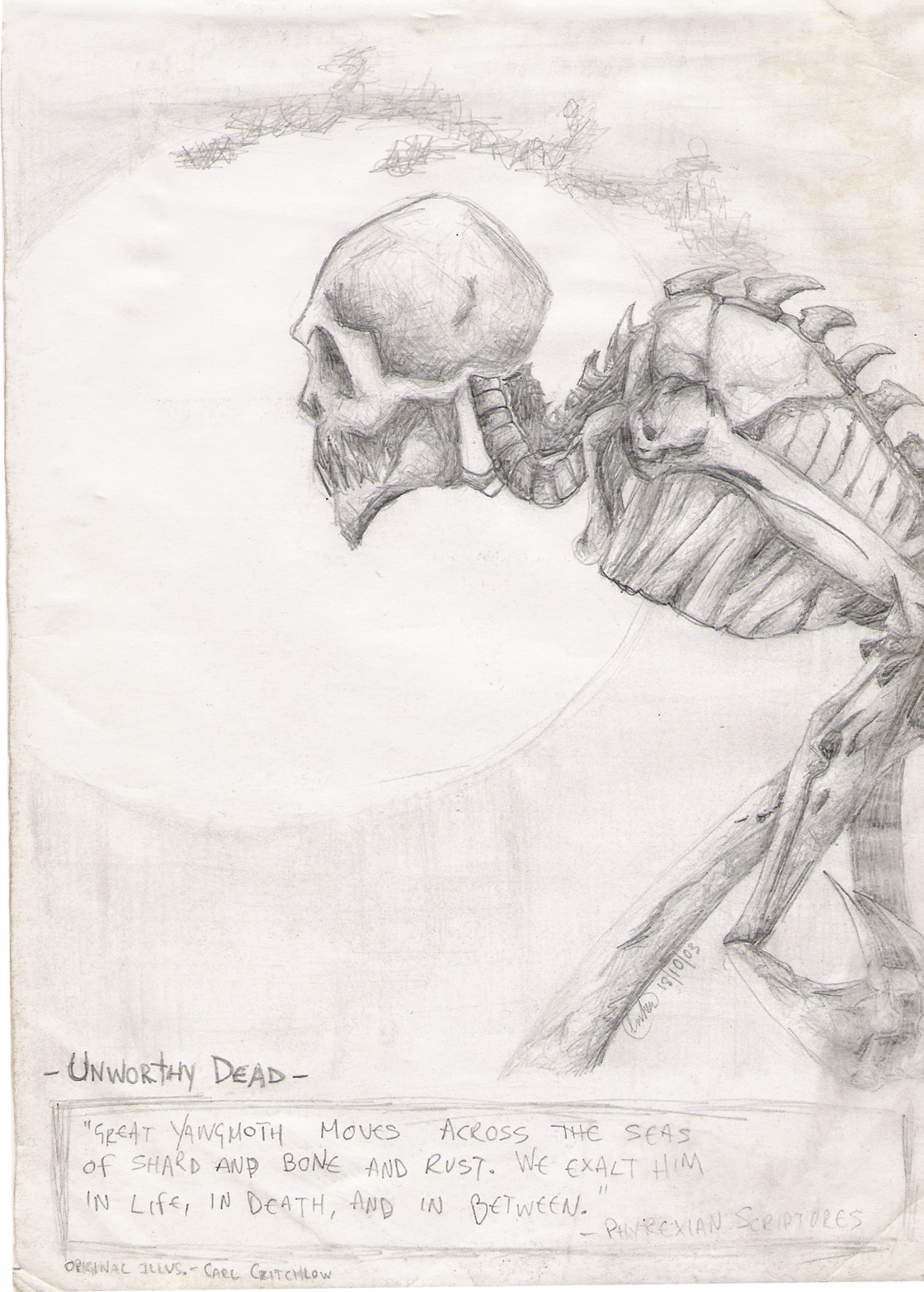 A detailed sketch of a dark skeleton with a skull, titled Unworthy Dead, reflects on themes of life, death, and existence. The artwork features a somber figure in profile.