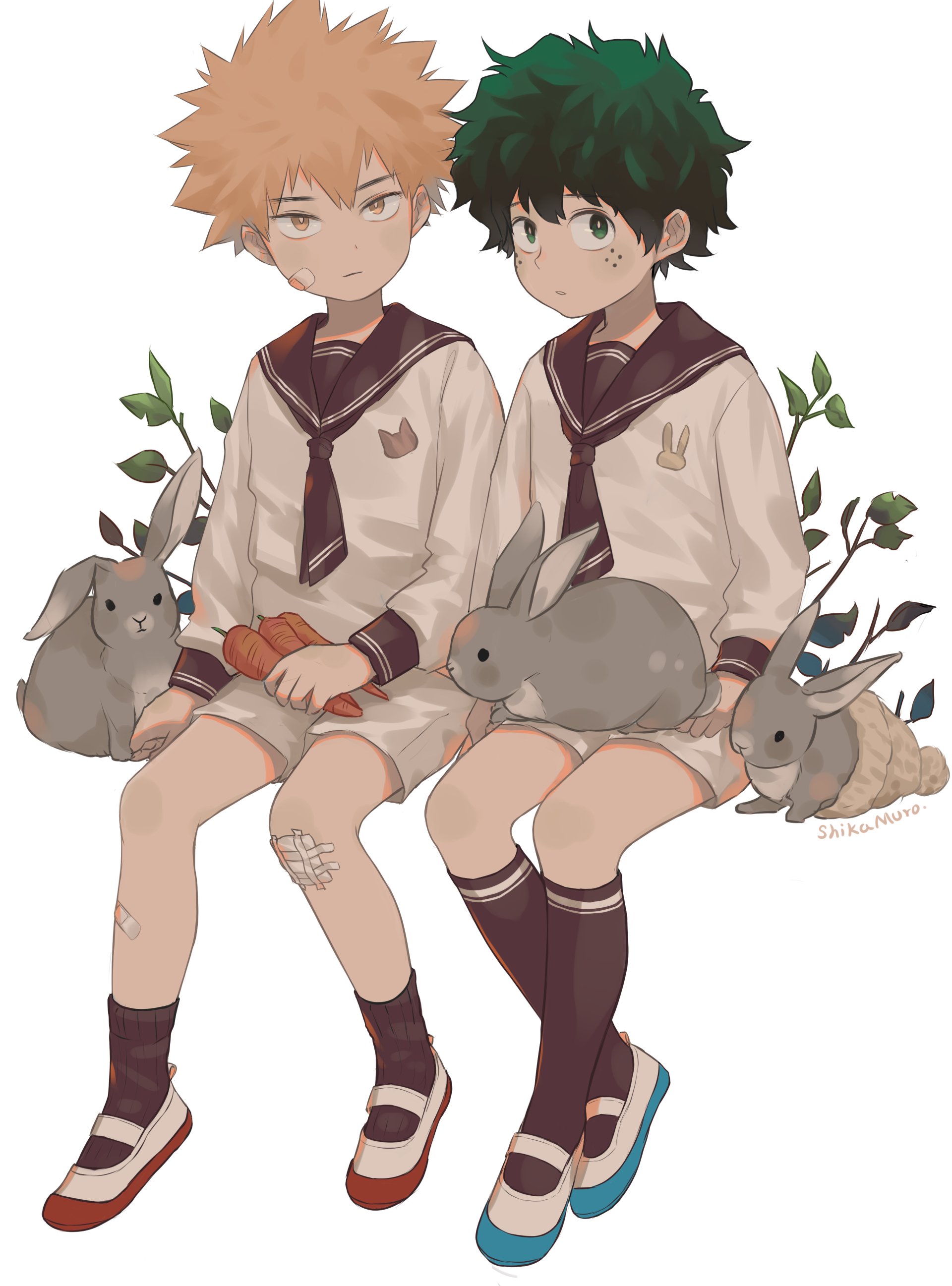 Download Legs Carrot Bandage Uniform Green Hair Blonde Freckles Socks Shorts Katsuki Bakugou Rabbit Izuku Midoriya Anime My Hero Academia Art