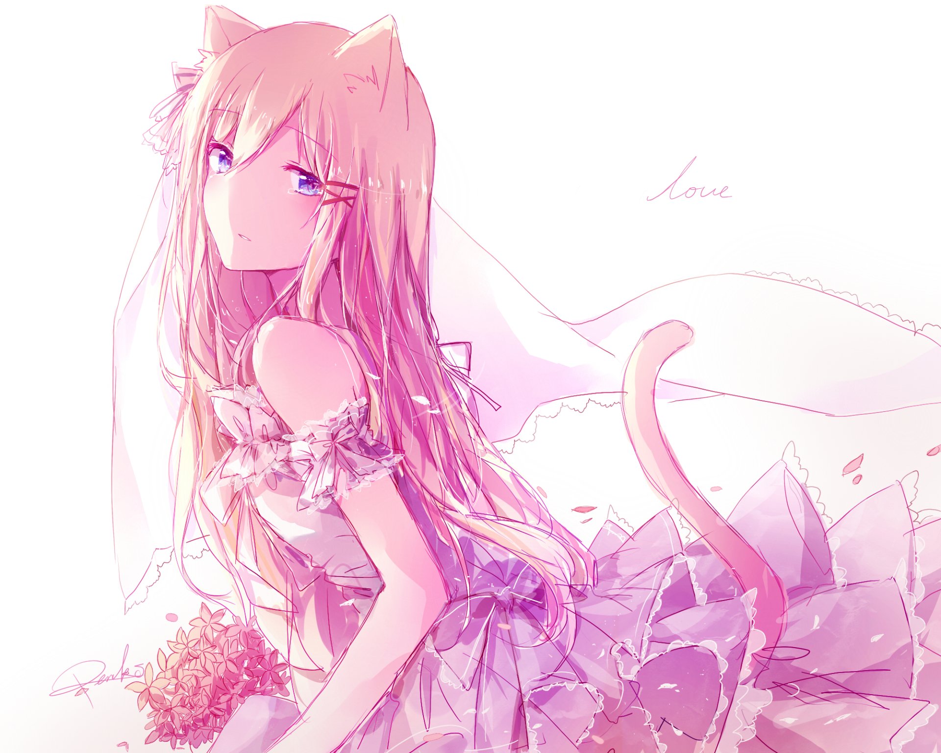 Anime girl with long pink hair, catlike animal ears and a tail, wearing a frilly dress and veil, holding a bouquet amid soft pastel pink light.
