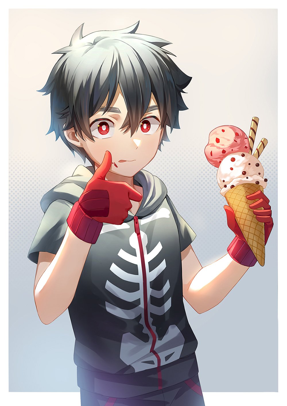 Kabane Kusaka from Kemono Jihen holds a double-scoop ice cream cone, wearing red gloves and a skeleton-themed hoodie, with striking red eyes and black hair.