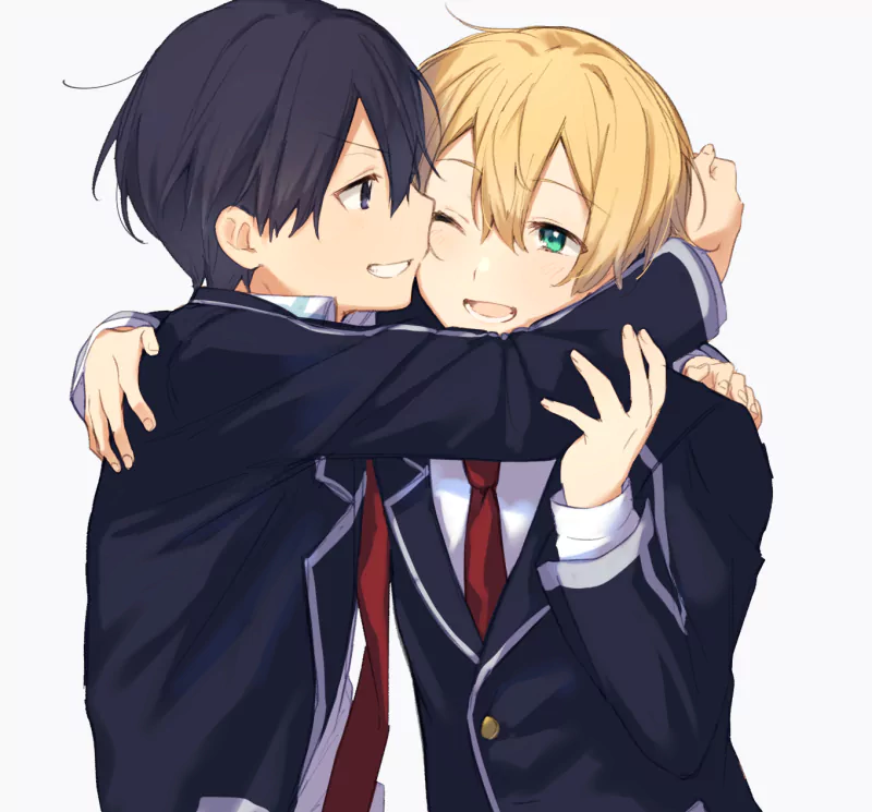 uniform green eyes black hair blonde hug Eugeo (Sword Art Online) Kirito (Sword Art Online) Anime Sword Art Online: Alicization Image