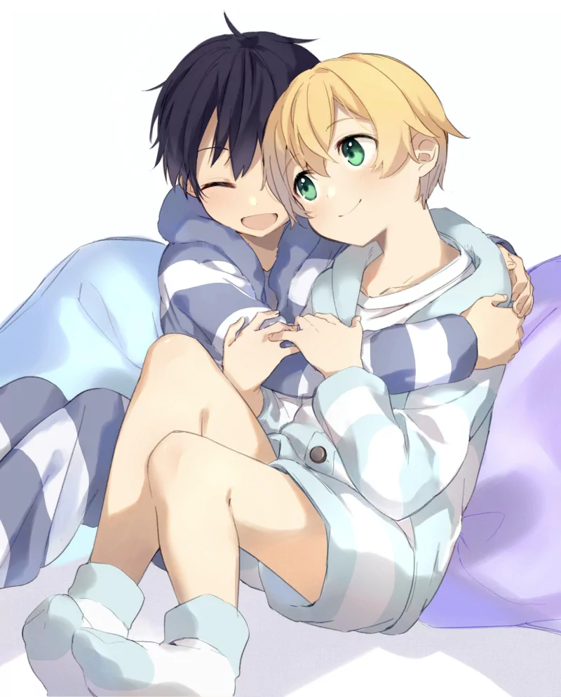 cute green eyes legs black hair blonde hug socks pajamas Eugeo (Sword Art Online) Kirito (Sword Art Online) Anime Sword Art Online: Alicization cute anime Image