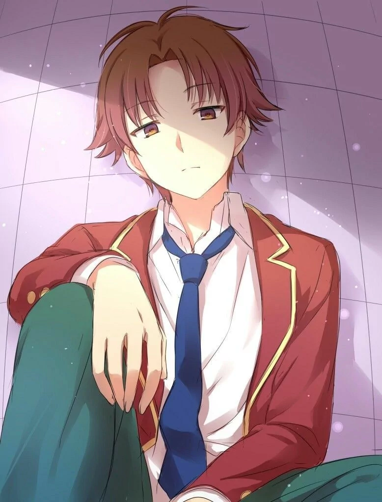 Kiyotaka Ayanokōji (Classroom of the Elite) sits against a tiled wall in his red school blazer with a loosened tie, gazing calmly with a detached, contemplative expression.