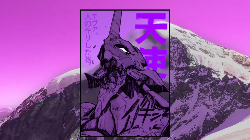 A striking Neon Genesis Evangelion anime-style illustration of an Eva unit's head with Japanese text, set against a vivid purple sky and snow-covered mountains.