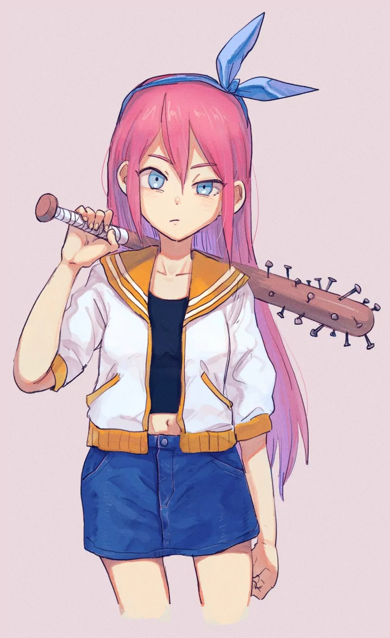 long hair baseball bat pink hair Aubrey (Omori) OMORI video game Image