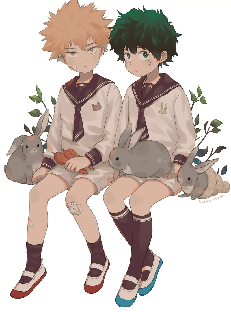 legs carrot bandage uniform green hair blonde freckles socks shorts Katsuki Bakugou rabbit Izuku Midoriya Anime My Hero Academia Image