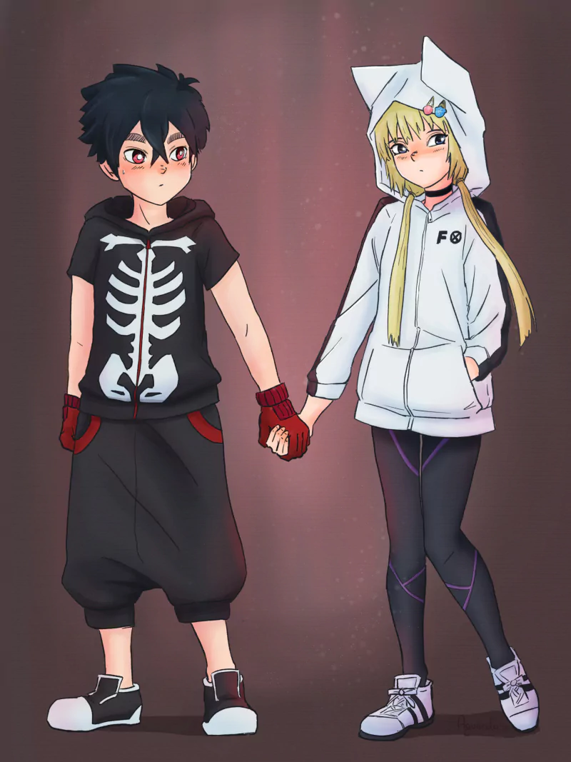 black hair blonde couple blush Kabane Kusaka Kon (Kemono Jihen) Anime Kemono Jihen anime couple Image