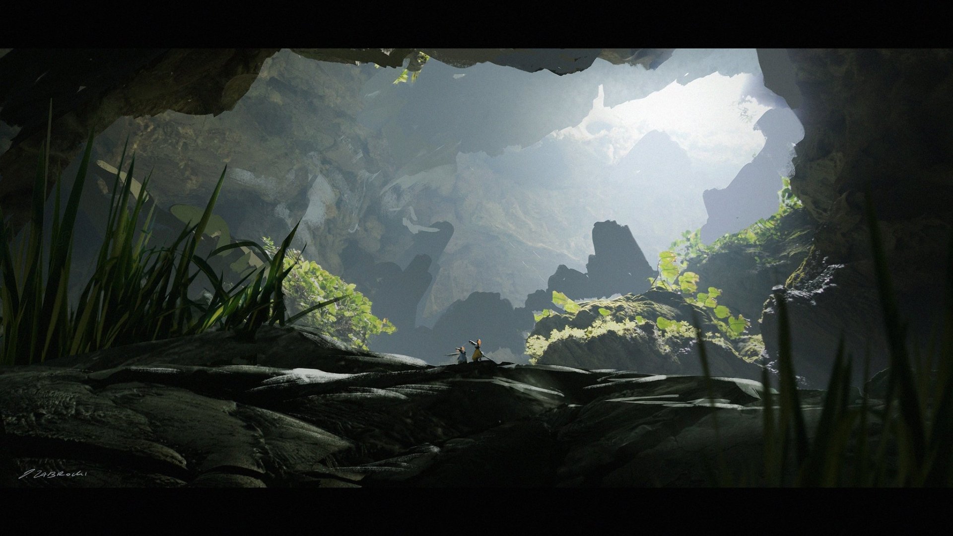 Fantasy landscape view from a shadowed cave floor toward a sunlit opening, revealing jagged rock spires, misty distant peaks and patches of lush moss and grasses.