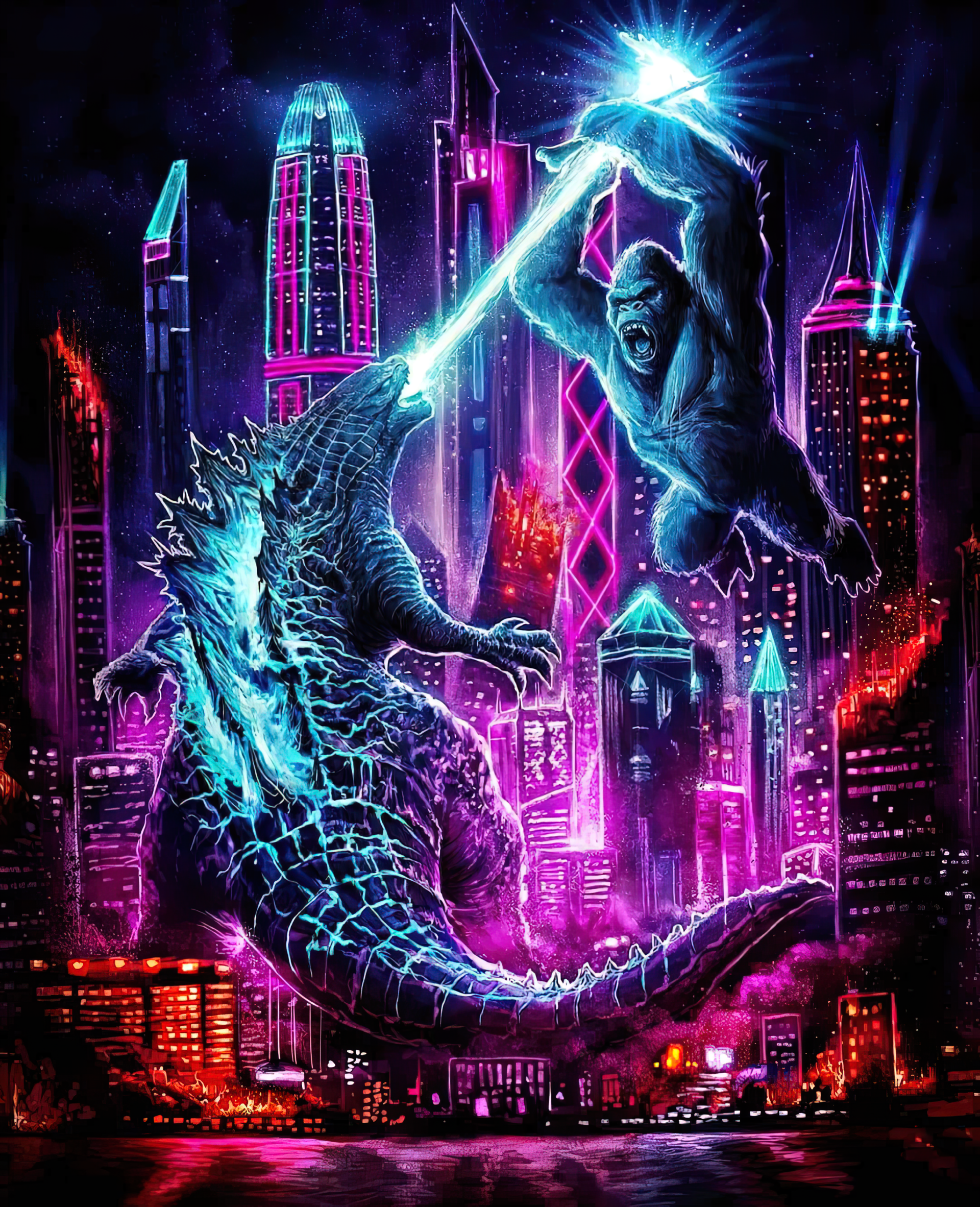 King Kong and Godzilla clash fiercely in a neon-lit cityscape from the Monsterverse movie Godzilla vs Kong, with Kong striking a powerful glowing blow.