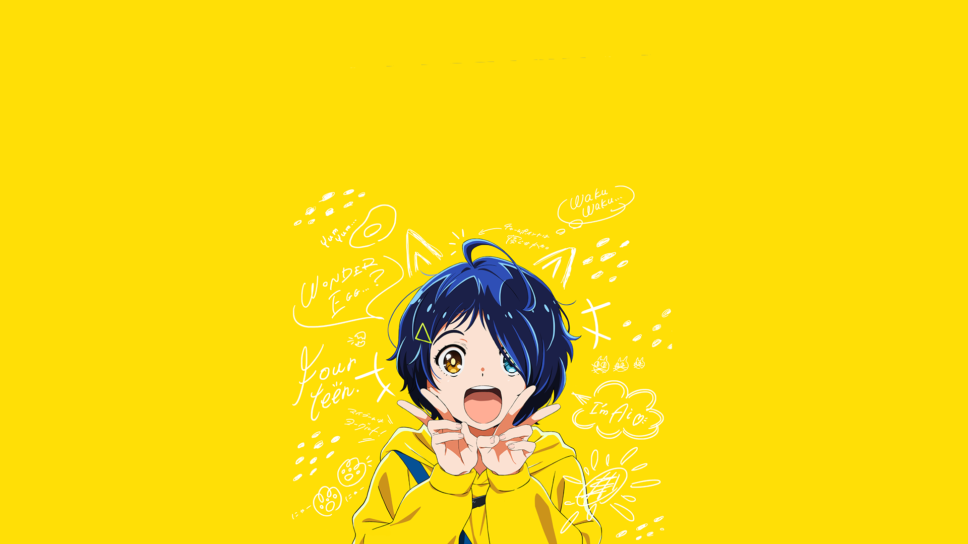 A vibrant yellow background features Ai Ohto from the anime Wonder Egg Priority, showcasing her cheerful expression and playful energy with expressive doodles.