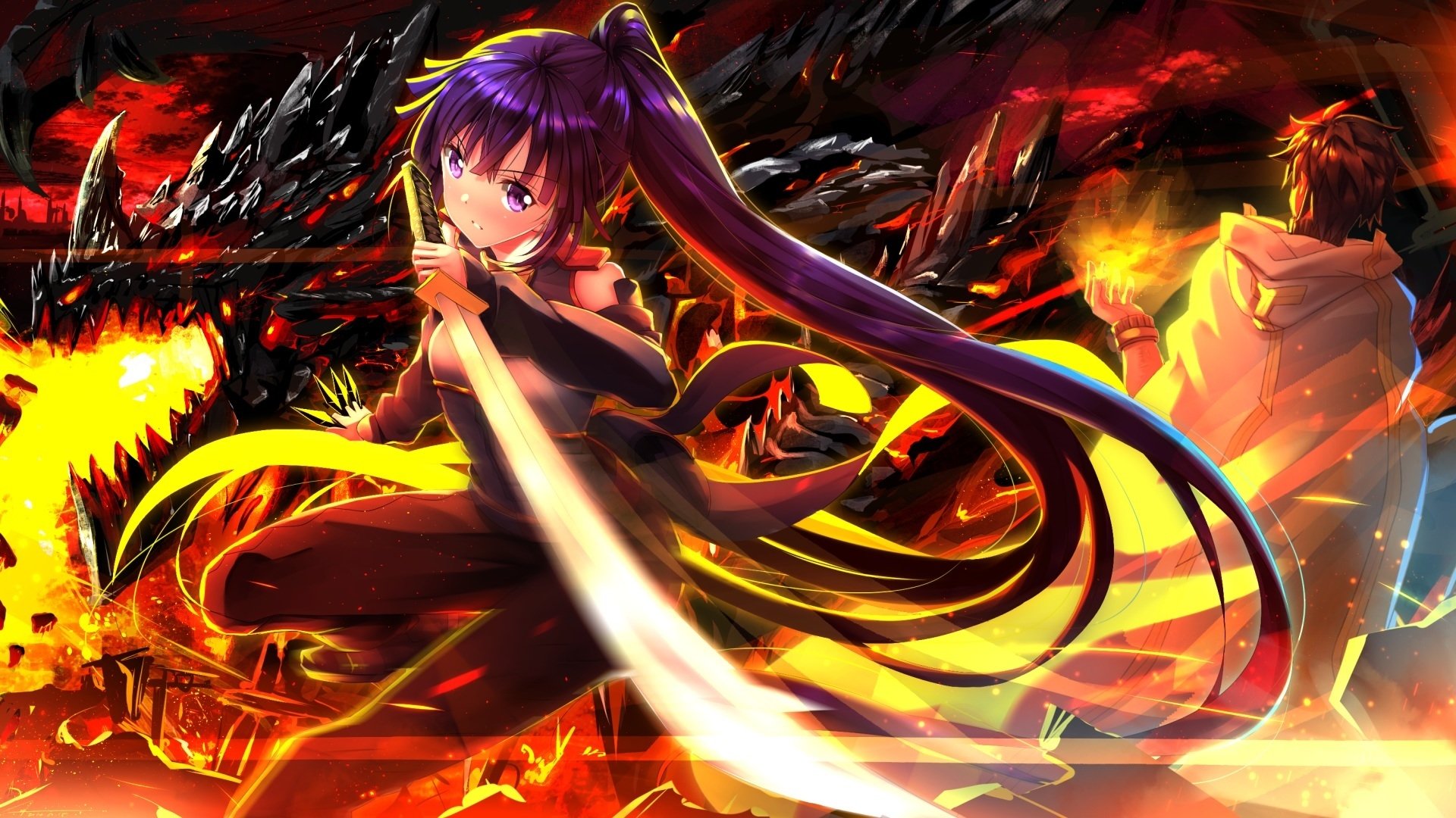 A dramatic scene featuring Akatsuki and Shiroe from Log Horizon, with Akatsuki wielding a sword, showcasing her purple hair and eyes against a fiery dragon backdrop.