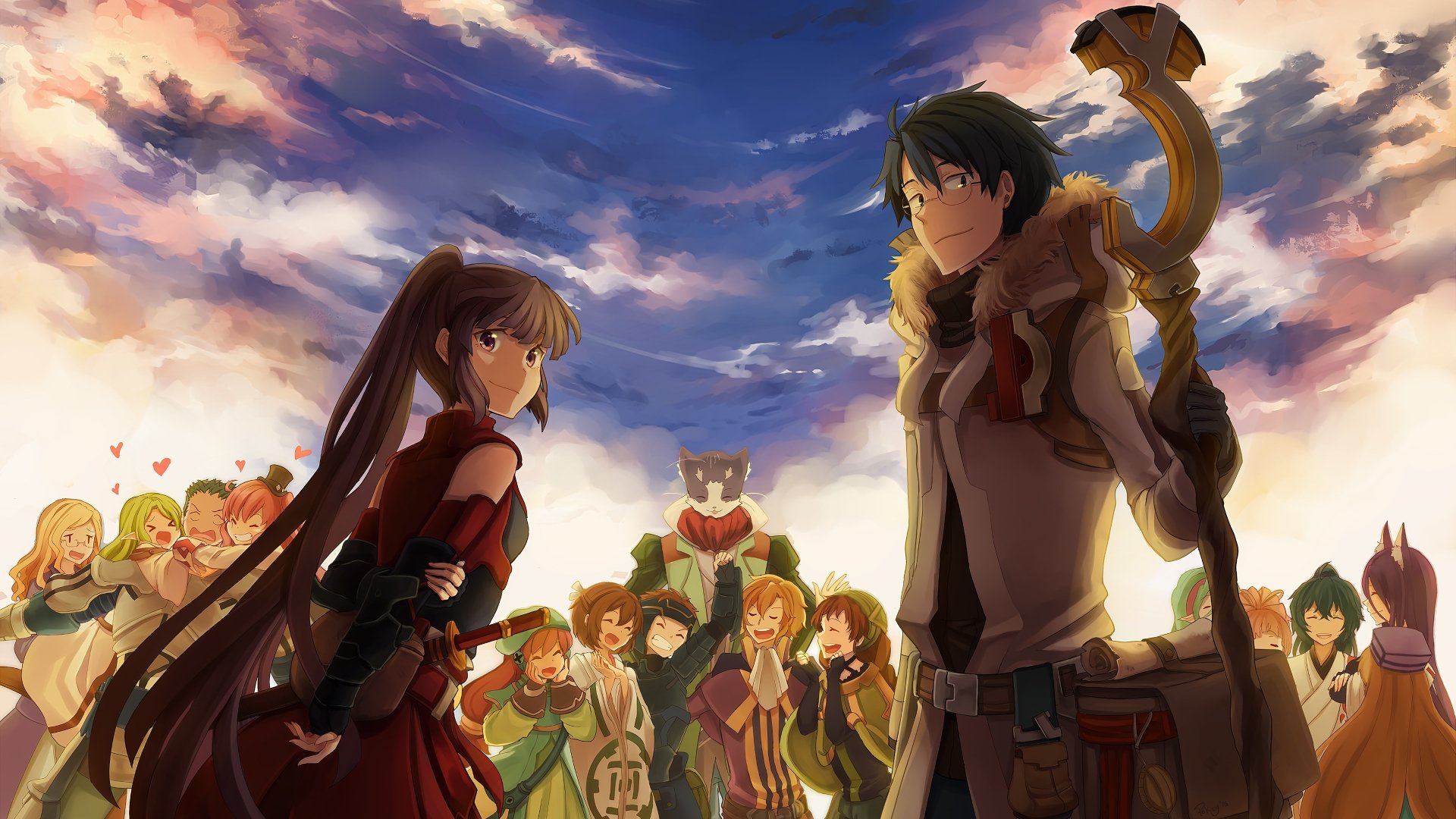 Shiroe and Akatsuki from Log Horizon face each other at sunset, surrounded by cheering companions; anime-style scene with a sweeping, dramatic sky.