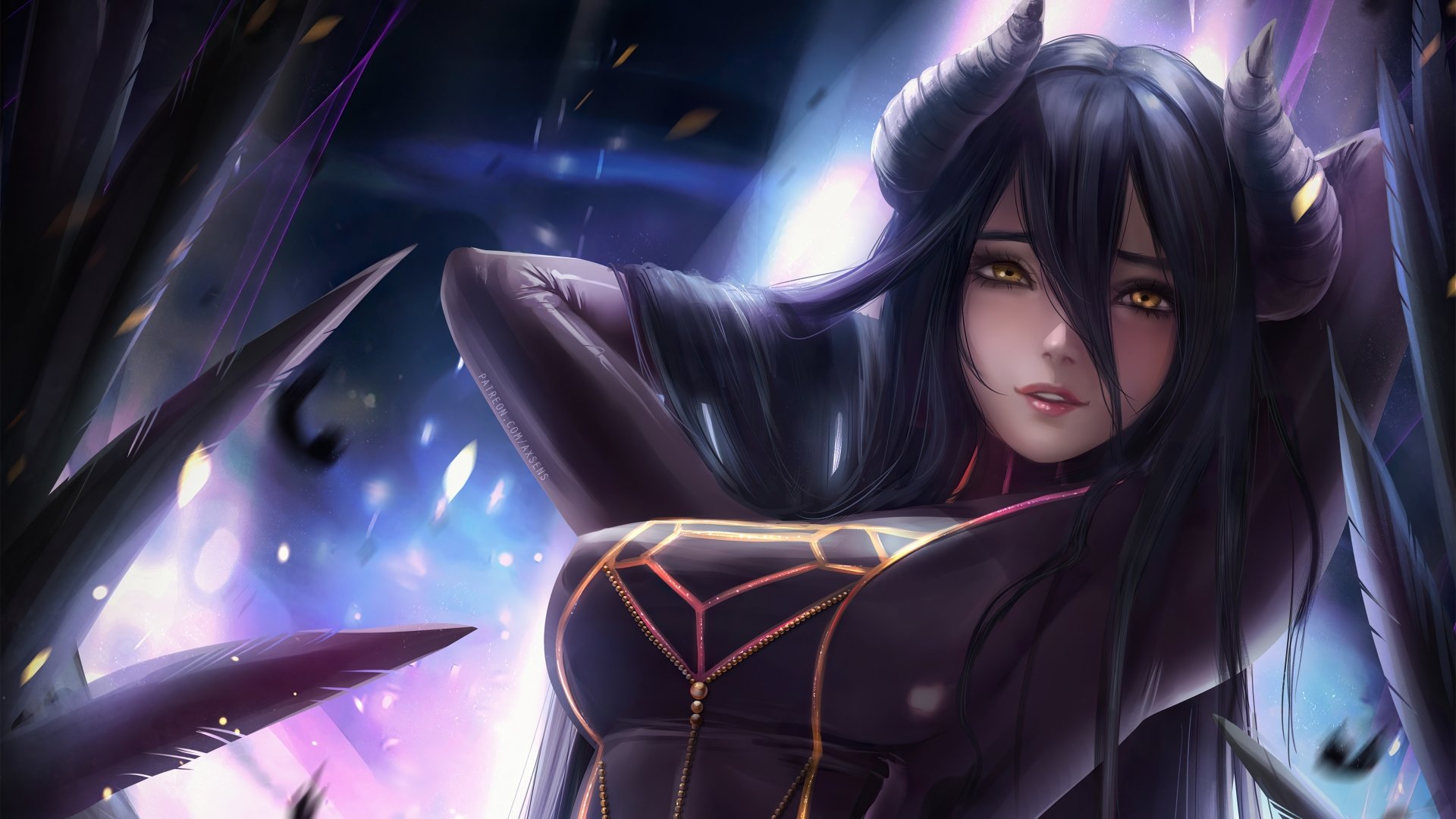 Albedo (Overlord) from the anime Overlord — reclining succubus-like guardian with long black hair, curved horns, golden eyes and ornate black dress against a glowing, feathered backdrop.