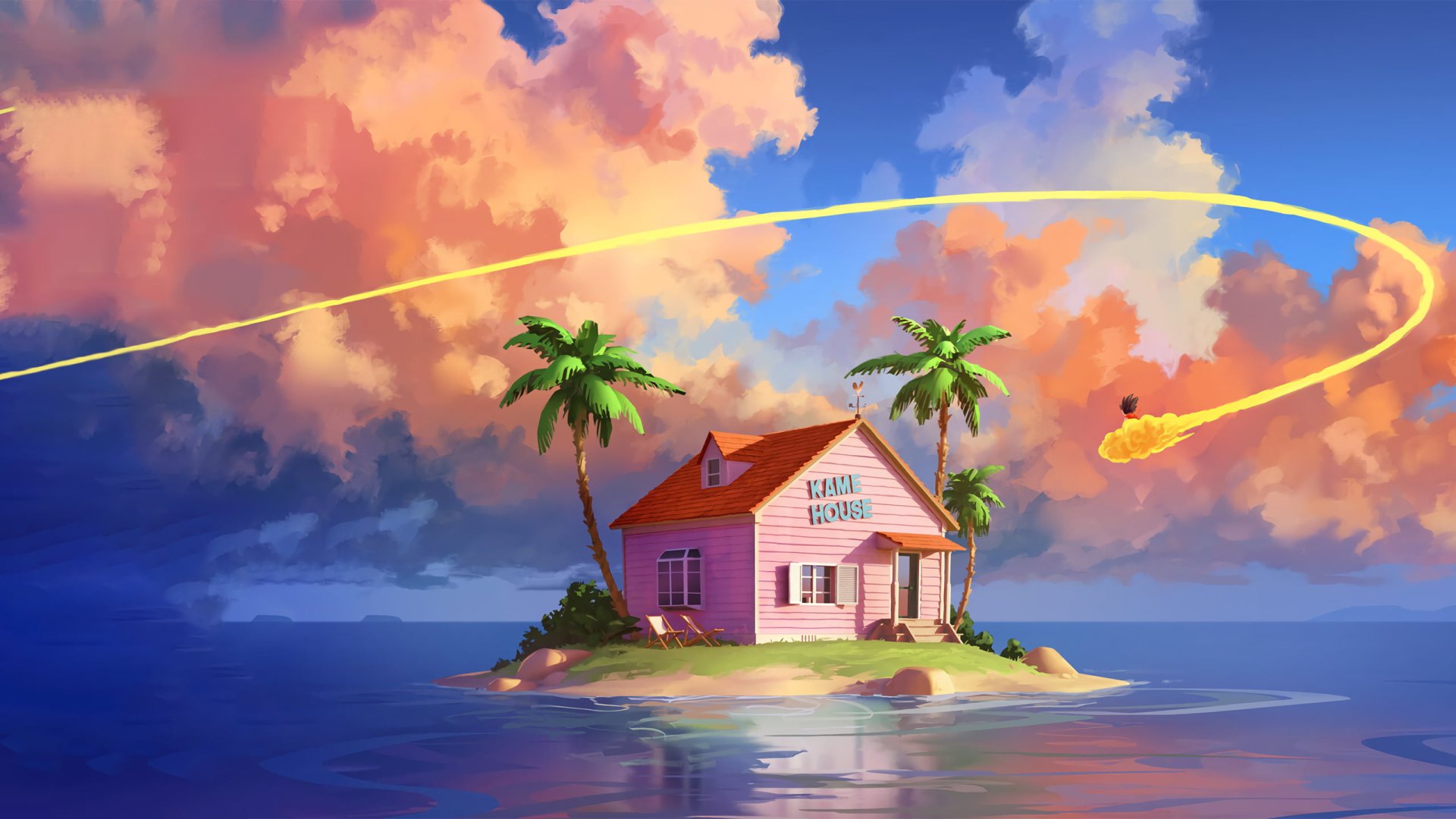 Anime-style scene of Dragon Ball Z's Kame House on a tiny palm-fringed island at sunset, warm clouds over a calm sea and a bright energy trail arcing across the sky.