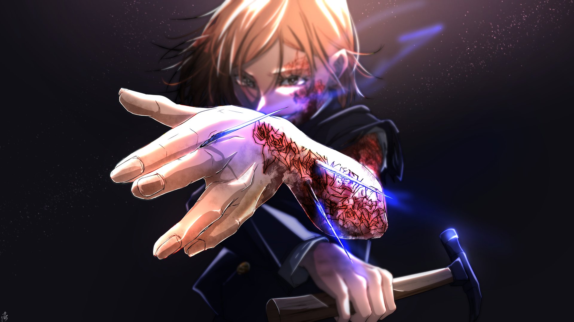 Nobara Kugisaki from Jujutsu Kaisen in a school uniform with brown hair, wielding a hammer as a bloody, severed hand pulses with purple cursed energy.