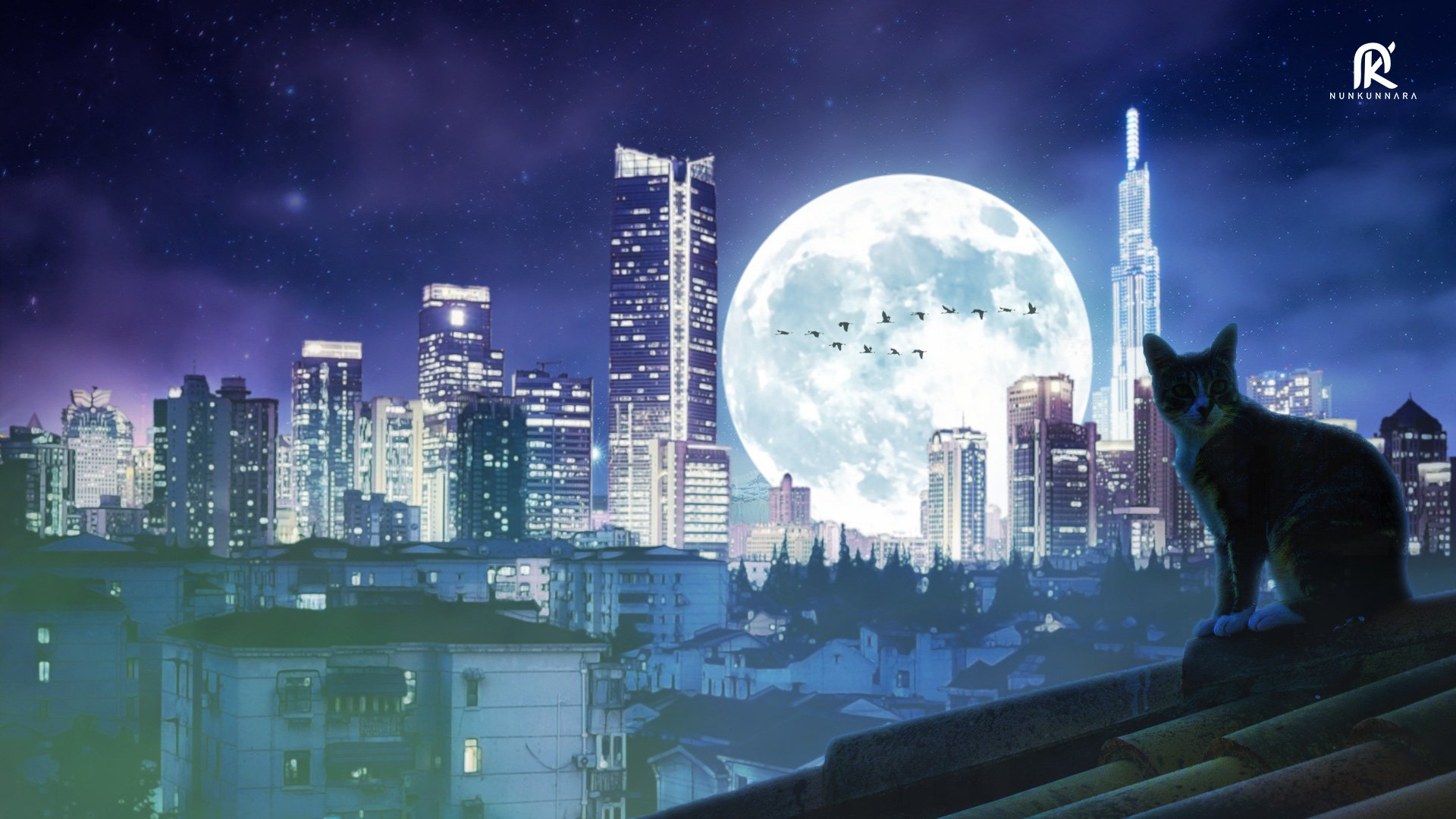 Rooftop cat (animal) silhouetted against a giant full moon over a neon-lit city skyline at night.