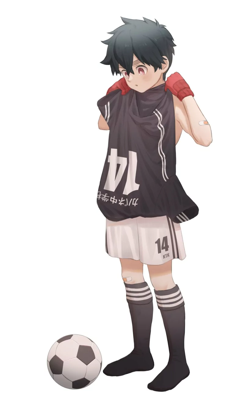 socks ball black hair red eyes shorts shirt Kabane Kusaka Anime Kemono Jihen Image