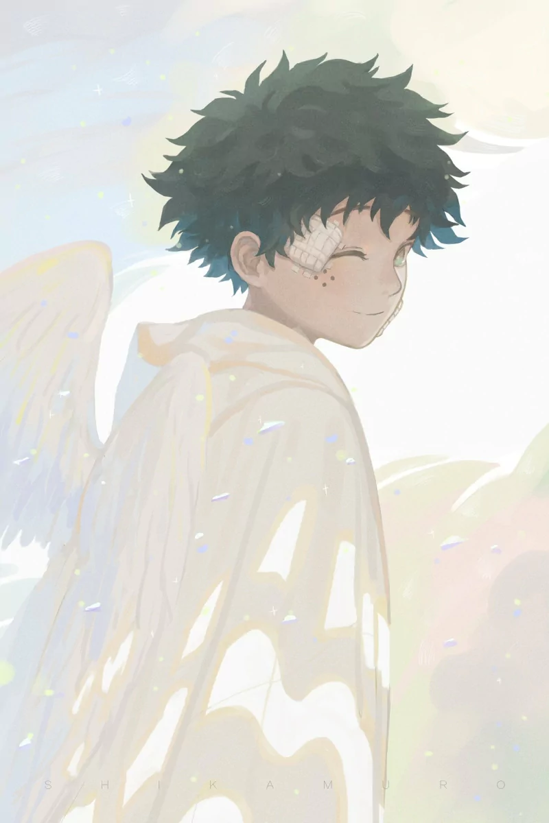 freckles wink wings green hair angel Izuku Midoriya Anime My Hero Academia anime angel Image