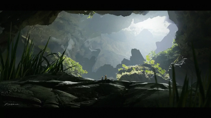 Fantasy landscape view from a shadowed cave floor toward a sunlit opening, revealing jagged rock spires, misty distant peaks and patches of lush moss and grasses.