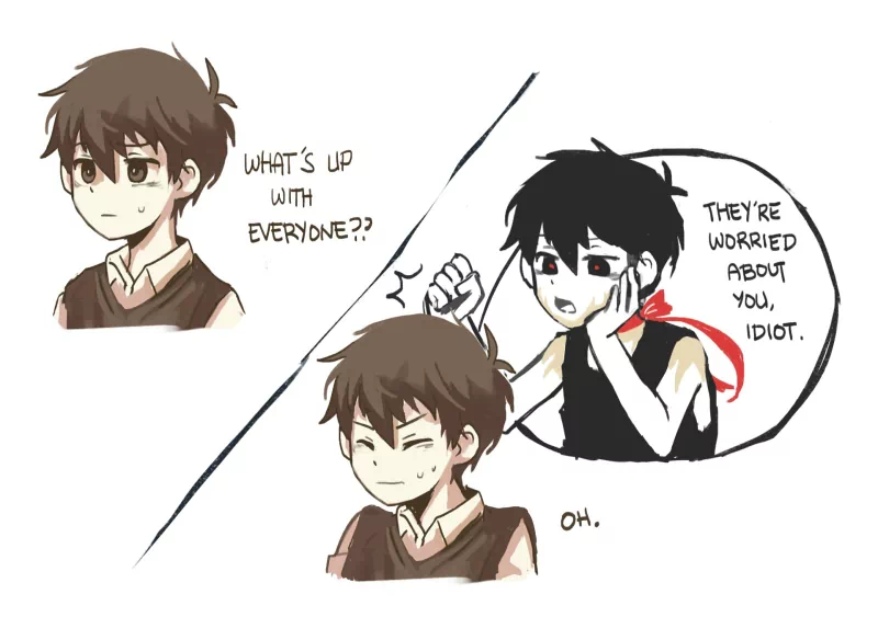 Illustration of Sunny and black‑haired Omori from the video game OMORI: Sunny looks down as Omori, knife behind his head, says, They're worried about you, idiot.