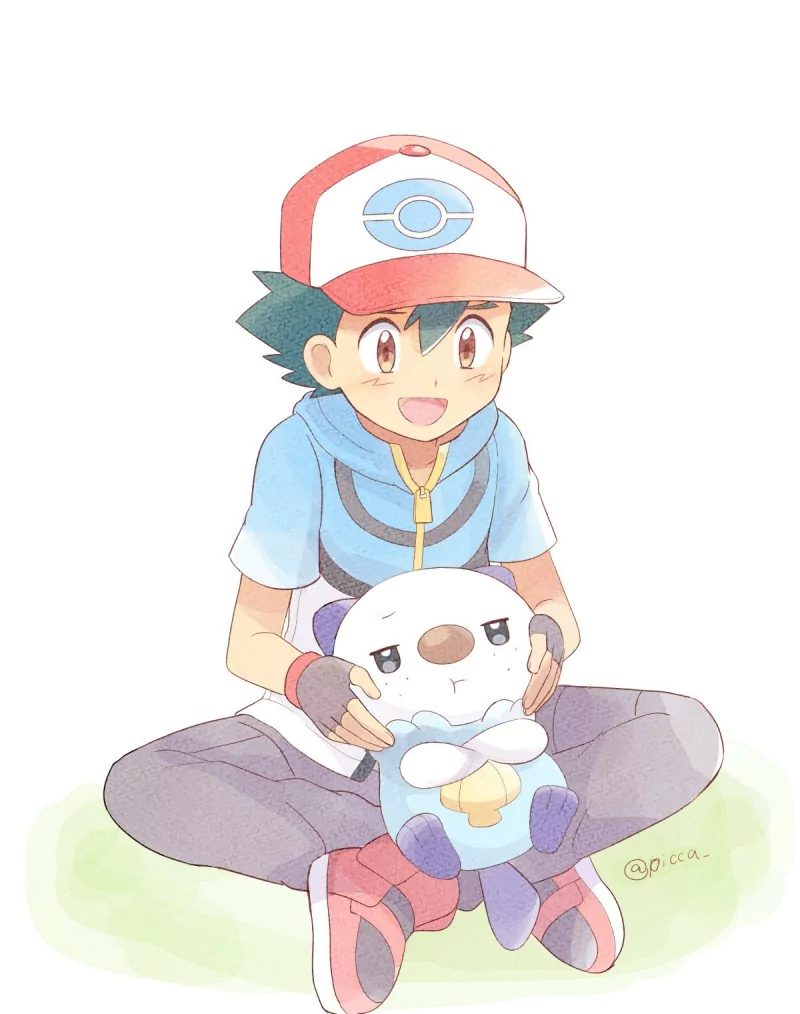 brown eyes black hair cap smile cute Ash Ketchum Oshawott (Pokémon) Anime Pokemon cute anime Image