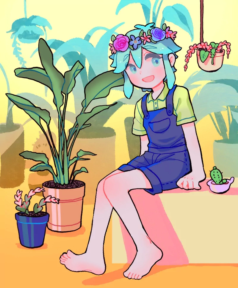 legs cute cactus plant smile OMORI feet blue eyes blue hair Basil (Omori) video game Image