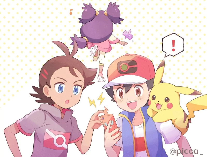purple hair cap two-toned hair black hair blue eyes brown eyes Pikachu Iris (Pokémon) Goh (Pokémon) Ash Ketchum Anime Pokemon Image