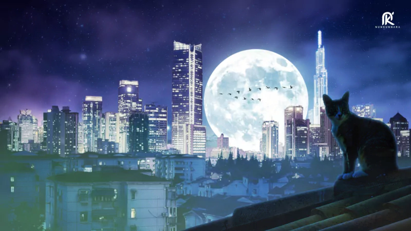 Rooftop cat (animal) silhouetted against a giant full moon over a neon-lit city skyline at night.
