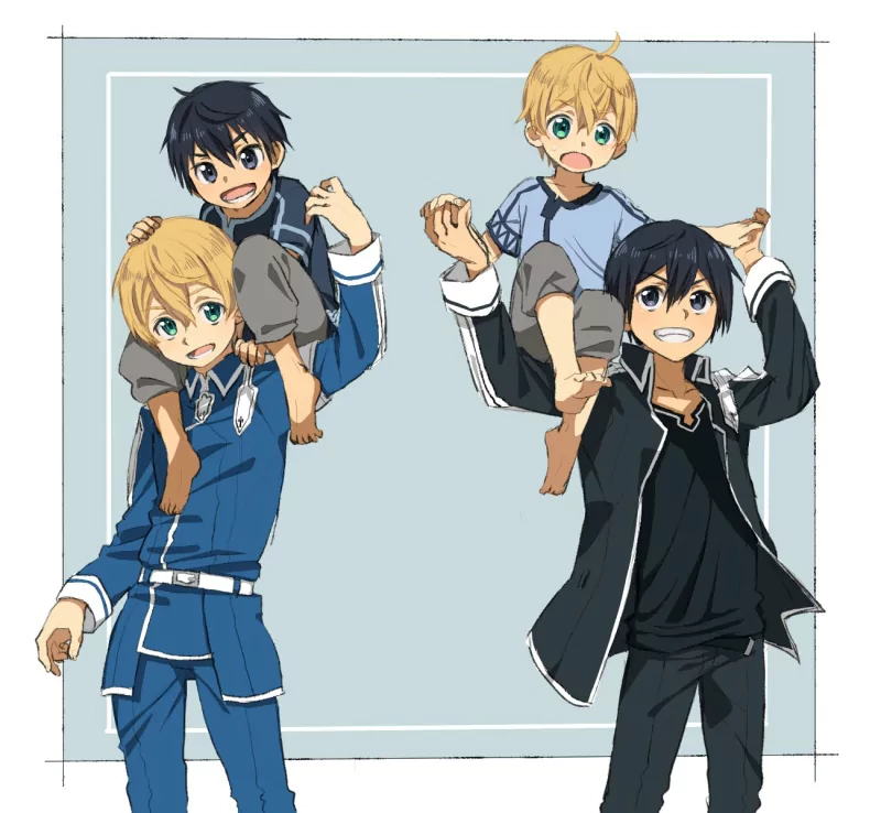 smile barefoot blonde black hair Eugeo (Sword Art Online) Kirito (Sword Art Online) Anime Sword Art Online: Alicization Image