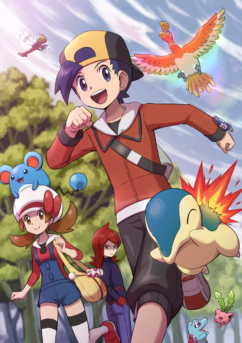 Yanma (Pokémon) Marill (Pokémon) smile Silver (Pokemon) Totodile (Pokémon) hat cap Ho-oh (Pokémon) Lyra (Pokemon) Ethan (Pokemon) Cyndaquil (Pokémon) video game Pokemon Image