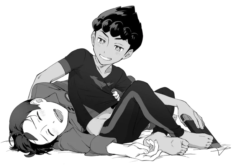 shirt barefoot feet smile Victor (Pokémon) Hop (Pokémon) video game Pokémon: Sword and Shield Image