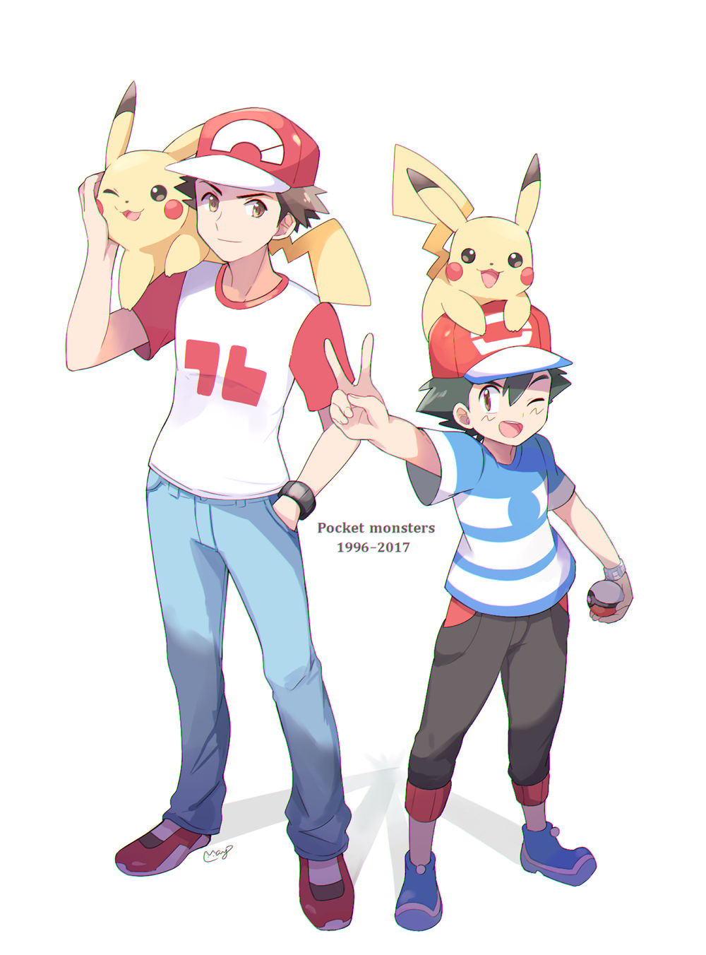 Download Cap Black Hair Brown Hair Brown Eyes Wink Peace Sign Pokeball Pikachu Ash Ketchum Red (Pokémon) Anime Pokemon Art