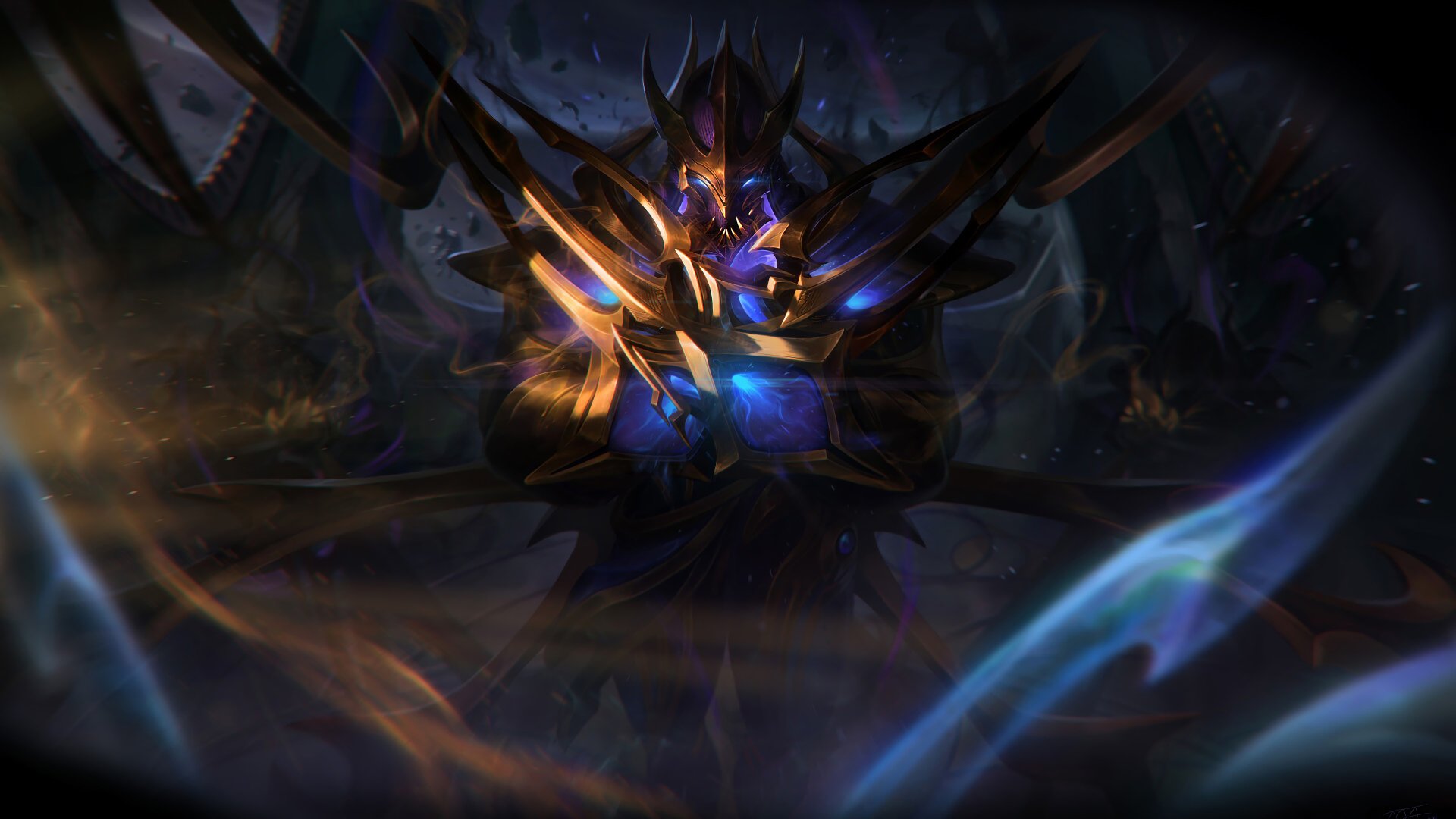 Dark armored League of Legends champion with a glowing blue core and horned helm, surrounded by swirling cosmic energies, shadowy tendrils, and a stormy, otherworldly backdrop.