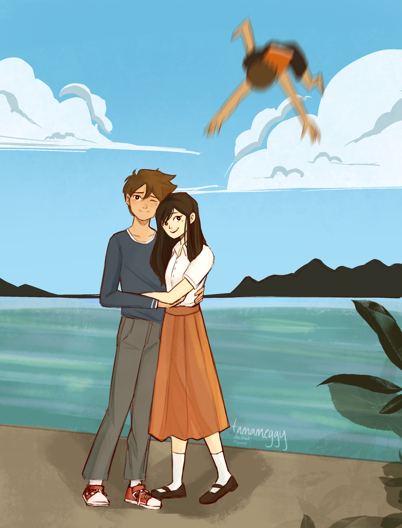 OMORI characters Kel and Mari embrace by a lakeshore while Hero flips overhead against a bright blue sky.