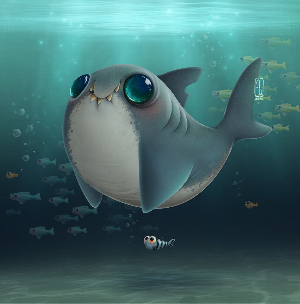 A cute, wide-eyed shark swims underwater in the ocean surrounded by smaller fish, blending marine animal charm with a whimsical style.