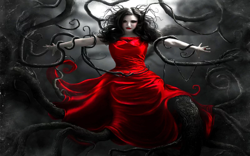 A woman with black hair in a striking red dress stands confidently among dark, twisting branches, embodying a captivating fantasy atmosphere.