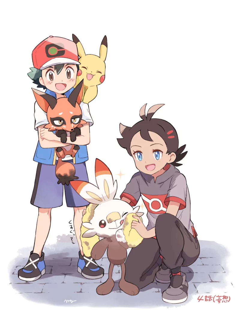cap black hair two-toned hair Pikachu Scorbunny (Pokémon) Nickit (Pokémon) Goh (Pokémon) Ash Ketchum Anime Pokemon Image