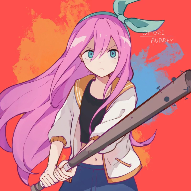 blue eyes baseball bat long hair OMORI pink hair Aubrey (Omori) video game Image