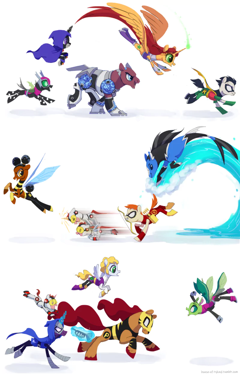 Dick Grayson Starfire (DC Comics) Bumblebee (DC Comics) Raven (DC Comics) Cyborg (DC Comics) Mas y Menos Speedy (DC Comics) Jericho (DC Comics) Garth (DC Comics) Aqualad (DC Comics) Beast Boy Robin (DC Comics) My Little Pony Teen Titans TV Show crossover Image