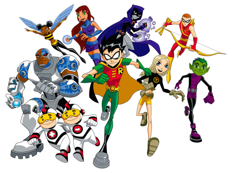 Beast Boy Terra (DC Comics) Dick Grayson Raven (DC Comics) Mas y Menos Bumblebee (DC Comics) Roy Harper Speedy (DC Comics) Cyborg (DC Comics) Robin (DC Comics) TV Show Teen Titans Image