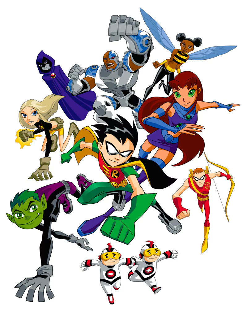 Bumblebee (DC Comics) Cyborg (DC Comics) Raven (DC Comics) Roy Harper Speedy (DC Comics) Beast Boy Terra (DC Comics) Robin (DC Comics) Dick Grayson Starfire (DC Comics) Mas y Menos TV Show Teen Titans Image