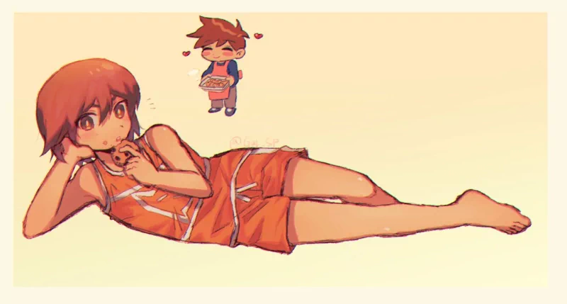 brown eyes legs shirt shorts feet cookie OMORI brown hair Hero (Omori) Kel (Omori) video game Image