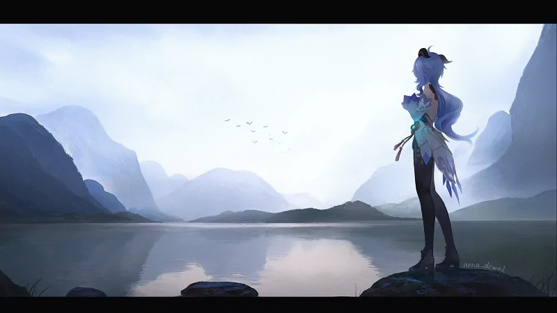 Ganyu from Genshin Impact stands on a rock by a tranquil lake, surrounded by misty mountains under a pale sky in this serene video game scene.