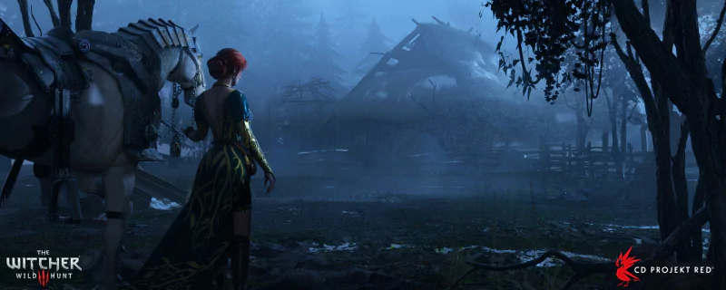 Triss Merigold from the video game The Witcher 3: Wild Hunt stands in a misty swamp at night, red-haired sorceress beside a horse near ruined huts.