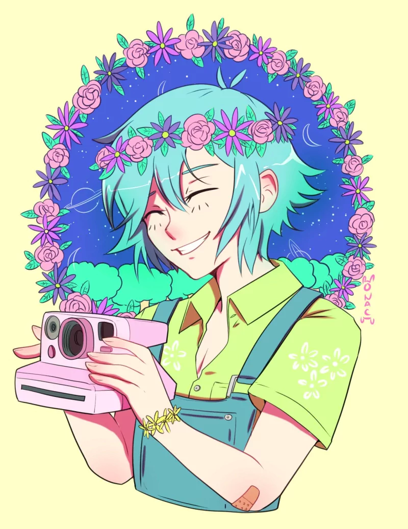 OMORI blue hair smile Basil (Omori) video game Image