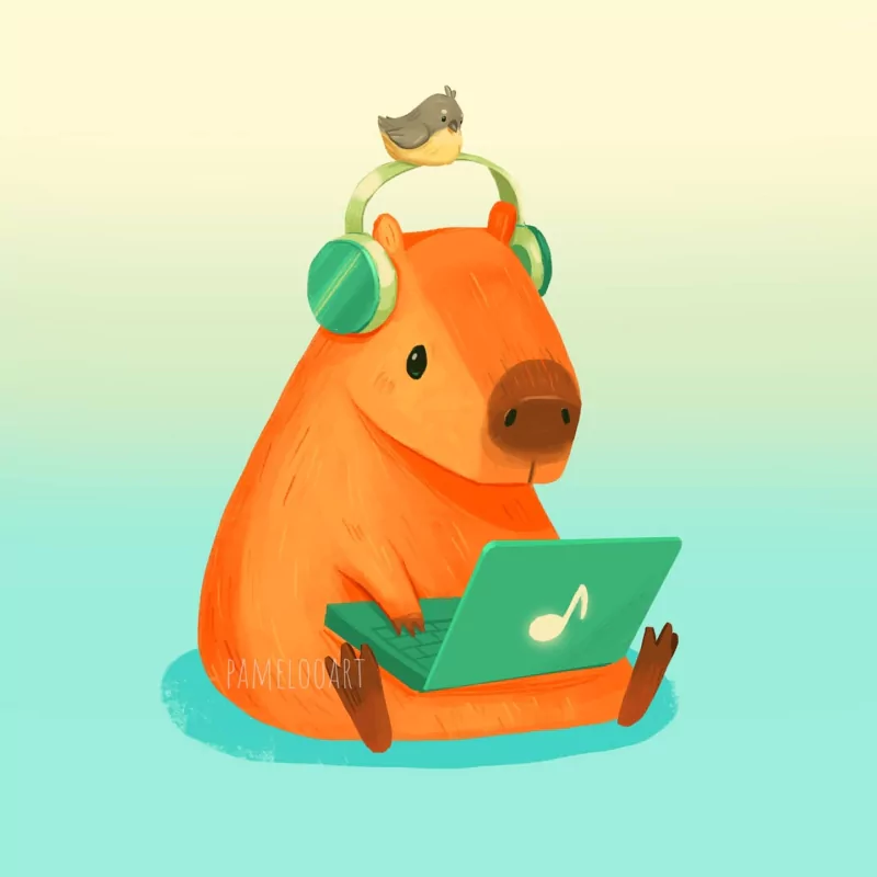A cute orange capybara wearing green headphones with a small bird perched on top, sitting and using a laptop with a musical note on the screen.