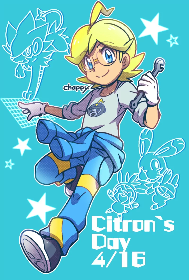 smile Luxray (Pokémon) Chespin (Pokémon) Bunnelby (Pokémon) blue eyes glasses blonde Clemont (Pokémon) Anime Pokemon Image