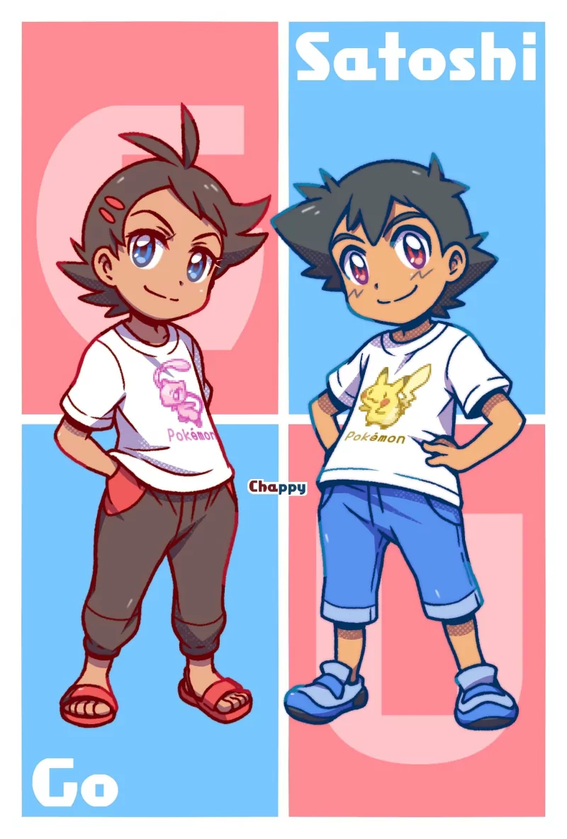 smile two-toned hair black hair sandal Pikachu Mew (Pokémon) shirt Goh (Pokémon) Ash Ketchum Anime Pokemon Image