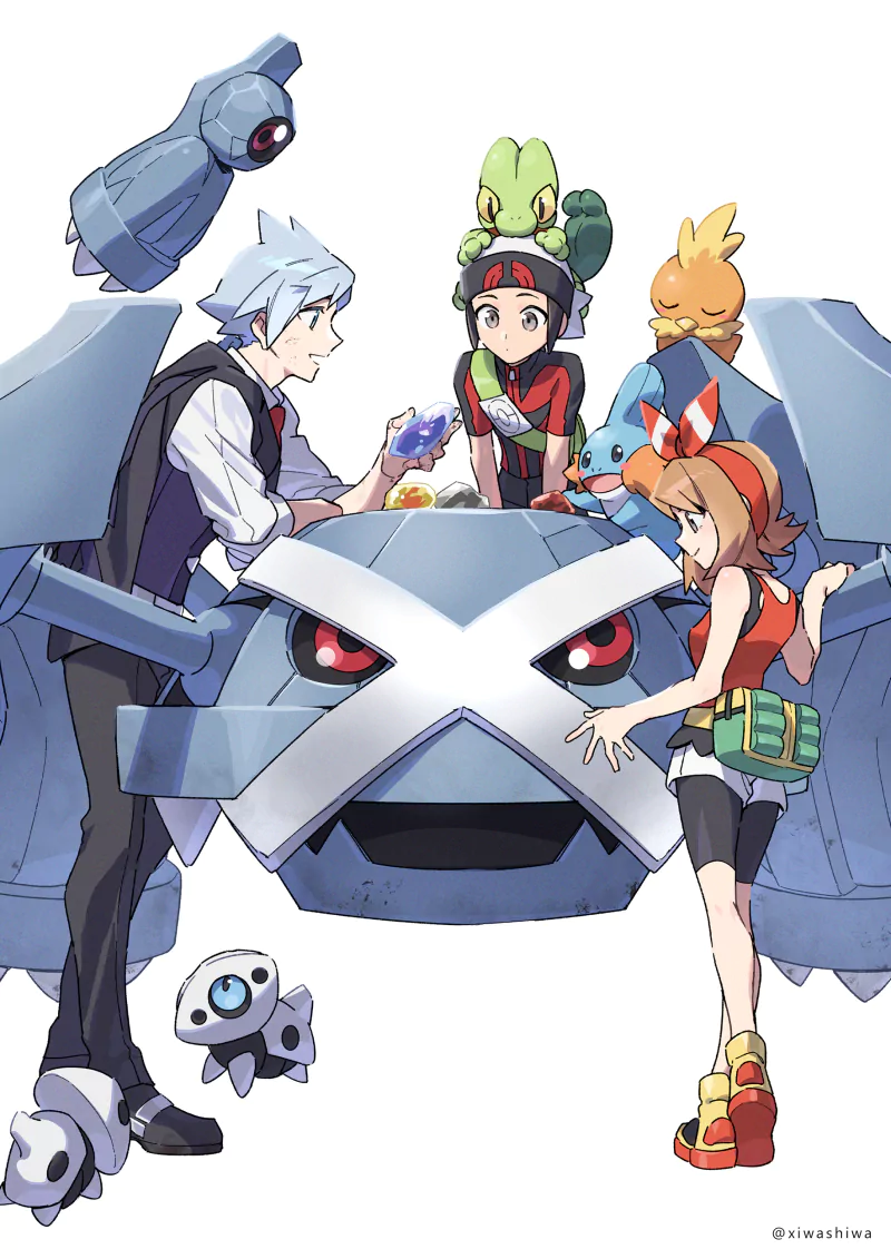 Pokemon Pokémon: Omega Ruby and Alpha Sapphire Aron (Pokémon) Beldum (Pokémon) Torchic (Pokemon) Steven Stone (Pokémon) Treecko (Pokémon) Mudkip (Pokémon) May (Pokémon) Brendan (Pokemon) Metagross (Pokémon) video game Image
